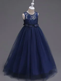 Robes cortège enfant col rond en dentelle jupe en tulle robe fille de fleur