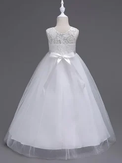 Robes cortège enfant col rond en dentelle jupe en tulle robe fille de fleur