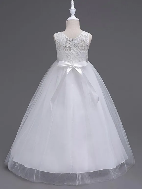 Robes cortège enfant col rond en dentelle jupe en tulle robe fille de fleur