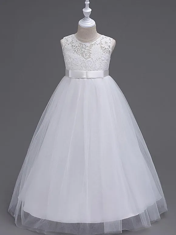 Robes cortège enfant col rond en dentelle jupe en tulle robe fille de fleur