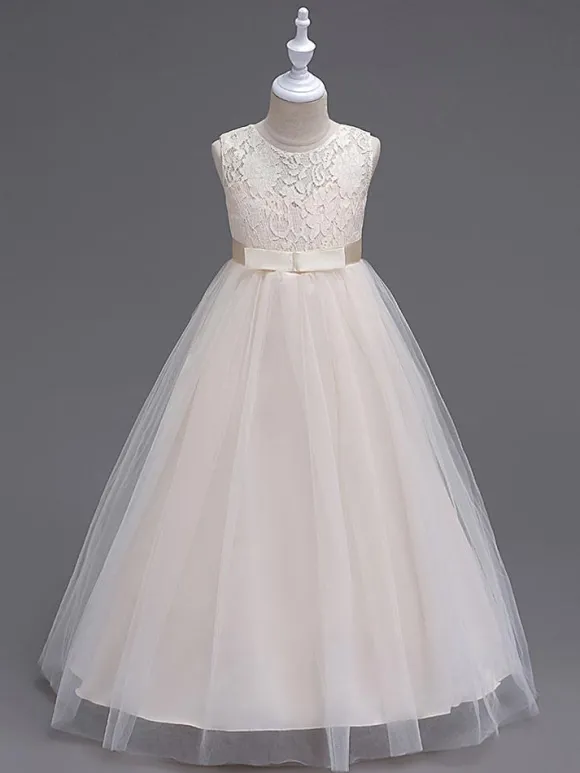 Robes cortège enfant col rond en dentelle jupe en tulle robe fille de fleur