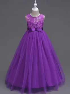 Robes cortège enfant col rond en dentelle jupe en tulle robe fille de fleur