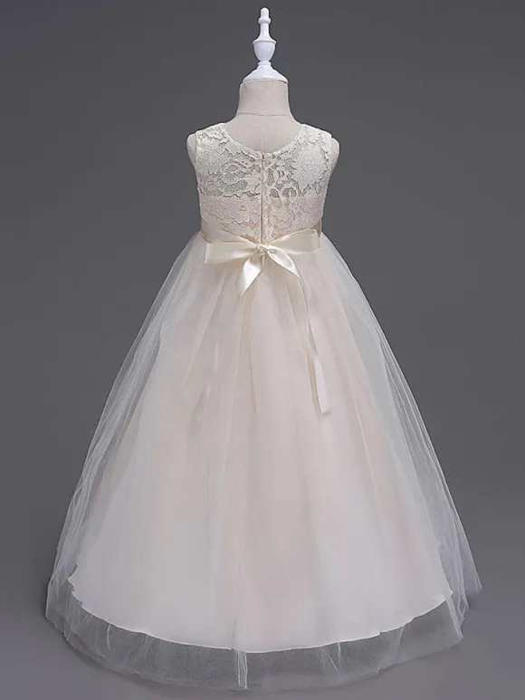 Robes cortège enfant col rond en dentelle jupe en tulle robe fille de fleur