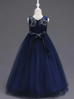 Robes cortège enfant col rond en dentelle jupe en tulle robe fille de fleur