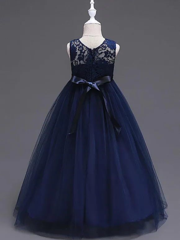 Robes cortège enfant col rond en dentelle jupe en tulle robe fille de fleur