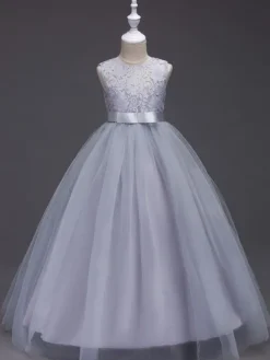 Robes cortège enfant col rond en dentelle jupe en tulle robe fille de fleur