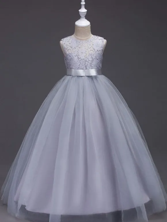 Robes cortège enfant col rond en dentelle jupe en tulle robe fille de fleur