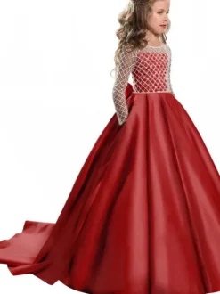 Robes cortège enfant col rond manches longues boutonné sur dos à traîne Robe de fille de fleur
