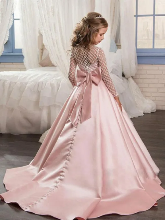 Robes cortège enfant col rond manches longues boutonné sur dos à traîne Robe de fille de fleur