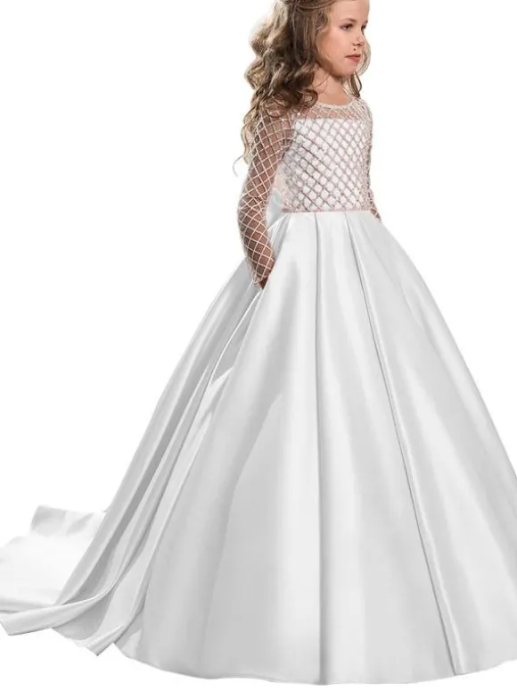 Robes cortège enfant col rond manches longues boutonné sur dos à traîne Robe de fille de fleur