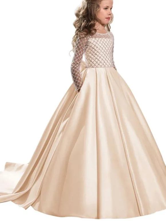 Robes cortège enfant col rond manches longues boutonné sur dos à traîne Robe de fille de fleur