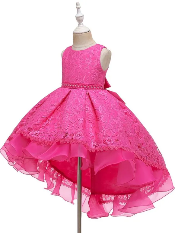 Robes cortège enfant col rond zip sur dos décoré de noeud Robe de fille de fleur