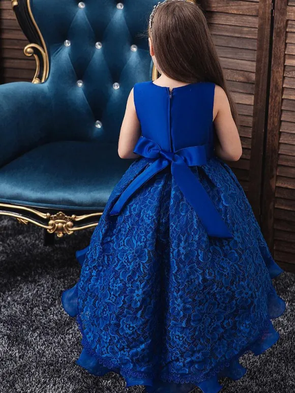 Robes cortège enfant col rond zip sur dos décoré de noeud Robe de fille de fleur