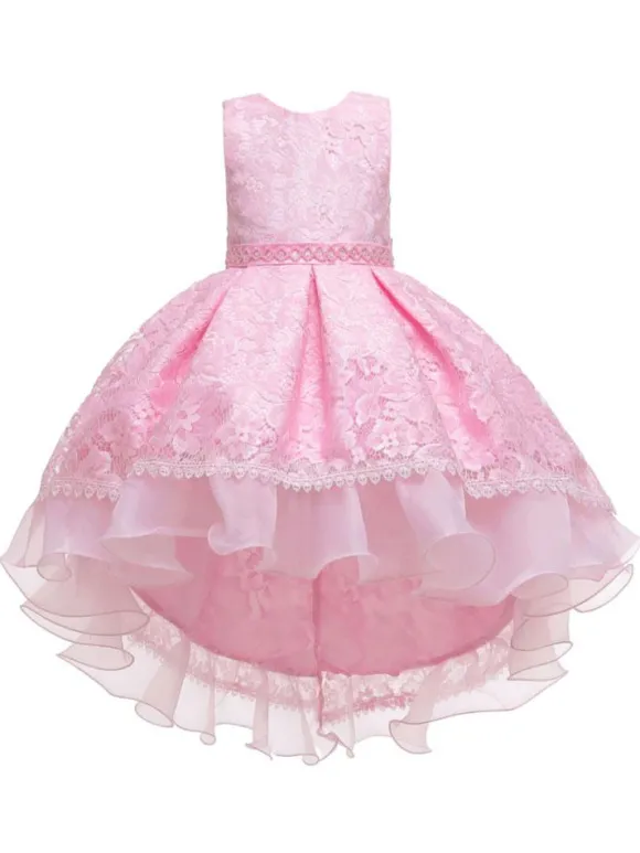 Robes cortège enfant col rond zip sur dos décoré de noeud Robe de fille de fleur