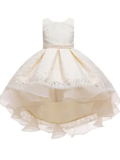Robes cortège enfant col rond zip sur dos décoré de noeud Robe de fille de fleur