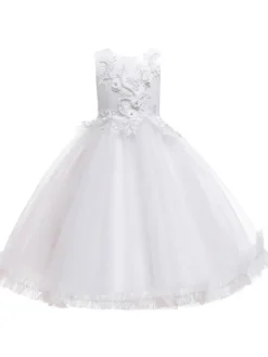 Robes cortège enfant en mousseline col rond en dentelle décorée des fleurs jupe volant Robe de fille de fleur