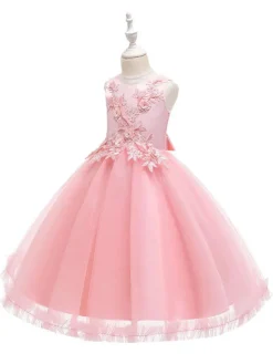 Robes cortège enfant en mousseline col rond en dentelle décorée des fleurs jupe volant Robe de fille de fleur