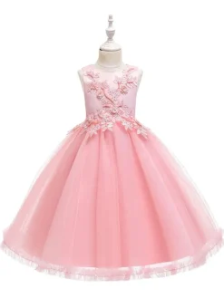 Robes cortège enfant en mousseline col rond en dentelle décorée des fleurs jupe volant Robe de fille de fleur