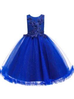 Robes cortège enfant en mousseline col rond en dentelle décorée des fleurs jupe volant Robe de fille de fleur