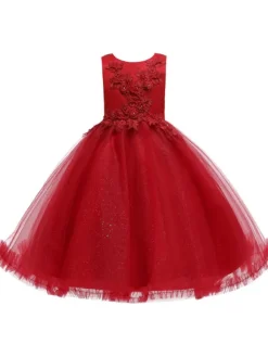 Robes cortège enfant en mousseline col rond en dentelle décorée des fleurs jupe volant Robe de fille de fleur