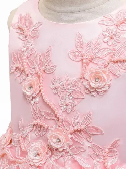Robes cortège enfant en mousseline col rond en dentelle décorée des fleurs jupe volant Robe de fille de fleur