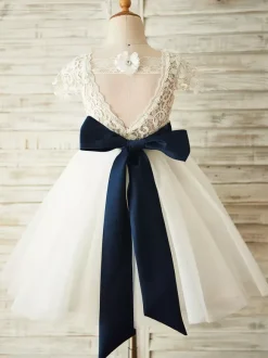 Robes cortège enfant ivoire col rond manches courtes Robe de fille de fleur robe cérémonie