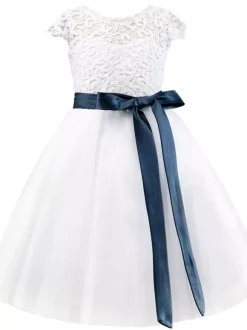 Robes cortège enfant ivoire col rond manches courtes Robe de fille de fleur robe cérémonie