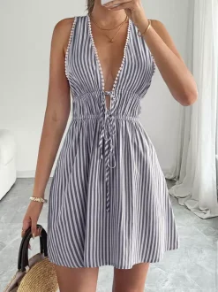 Robes courtes sans manches dos nu à rayures et décolleté en V robes d'été bleues sexy pour une soirée en amoureux