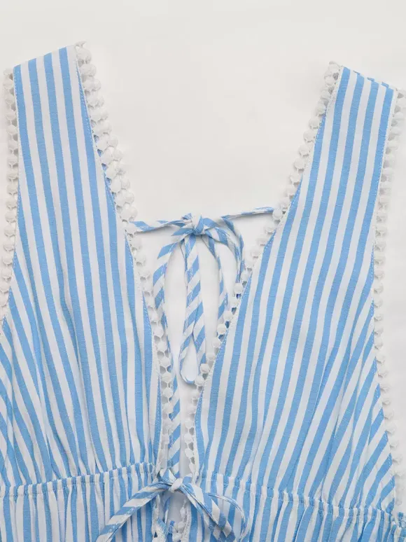 Robes courtes sans manches dos nu à rayures et décolleté en V robes d'été bleues sexy pour une soirée en amoureux