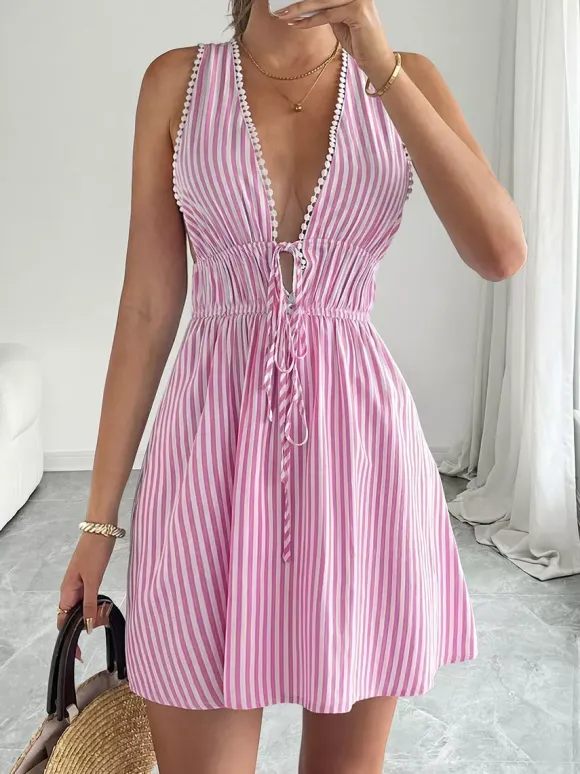 Robes courtes sans manches dos nu à rayures et décolleté en V robes d'été bleues sexy pour une soirée en amoureux