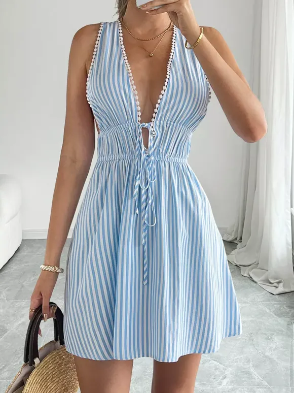 Robes courtes sans manches dos nu à rayures et décolleté en V robes d'été bleues sexy pour une soirée en amoureux