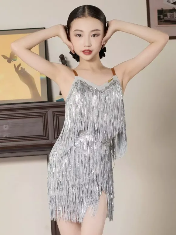 Robes de danse latine argentées à franges en polyester pour filles et femmes