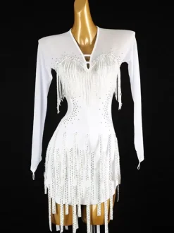 Robes de danse latine blanc femmes Lycra Spandex robe dos nu élégant paillettes frange danseuse latine vêtements de danse