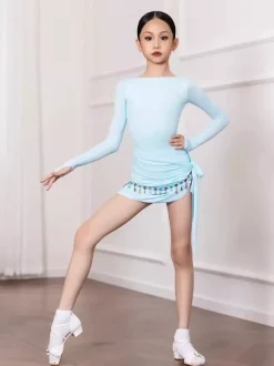 Robes de danse latine bleu ciel clair pour femmes filles et adultes ensemble gainant à manches longues et dentelle. Costumes de danse.