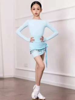 Robes de danse latine bleu ciel clair pour femmes filles et adultes ensemble gainant à manches longues et dentelle. Costumes de danse.