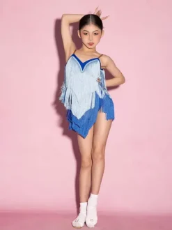 Robes de danse latine bleues à franges et pompons pour femmes costumes de danseuses latines