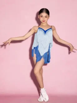 Robes de danse latine bleues à franges et pompons pour femmes costumes de danseuses latines