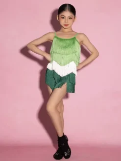 Robes de danse latine bleues à franges et pompons pour femmes costumes de danseuses latines