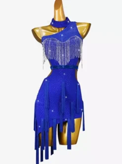 Robes de danse latine bleu Royal femmes Lycra Spandex robe dos nu Sexy strass danseuse latine vêtements de danse