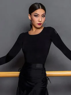 Robes de danse latine noires pour femmes haut élégant en Polyester Costume de danse