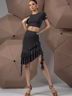Robes de danse latine noires pour femmes ensemble asymétrique à volants costumes de danse sexy