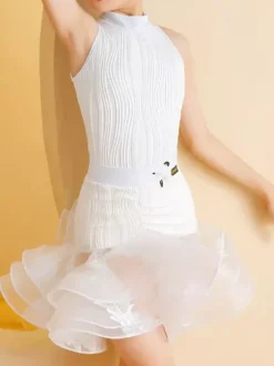 Robes de danse latine pour filles blanches haut en Lycra et Spandex jupe élégante à volants vêtements de danse