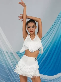 Robes de danse latine robe blanche pour femmes Sexy haut en Polyester jupe vêtements de danse