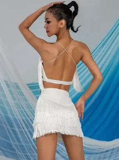 Robes de danse latine robe blanche pour femmes Sexy haut en Polyester jupe vêtements de danse