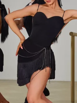 Robes de danse latine robe noire pour femmes jupe en Polyester Sexy Costume de danse