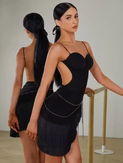 Robes de danse latine robe noire pour femmes jupe en Polyester Sexy Costume de danse