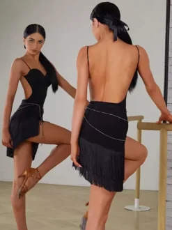 Robes de danse latine robe noire pour femmes jupe en Polyester Sexy Costume de danse