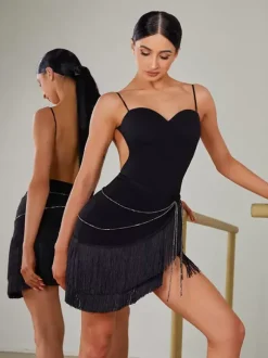 Robes de danse latine robe noire pour femmes jupe en Polyester Sexy Costume de danse