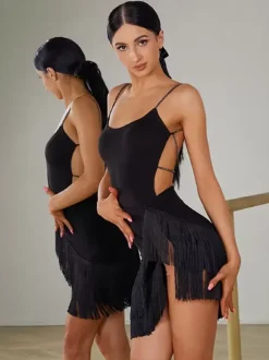 Robes de danse latine robe noire pour femmes jupe en Polyester Sexy Costume de danse