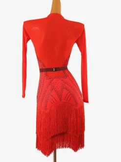Robes De Danse Latine Rouge Robe Élégante En Lycra Spandex Femmes Manches Longues